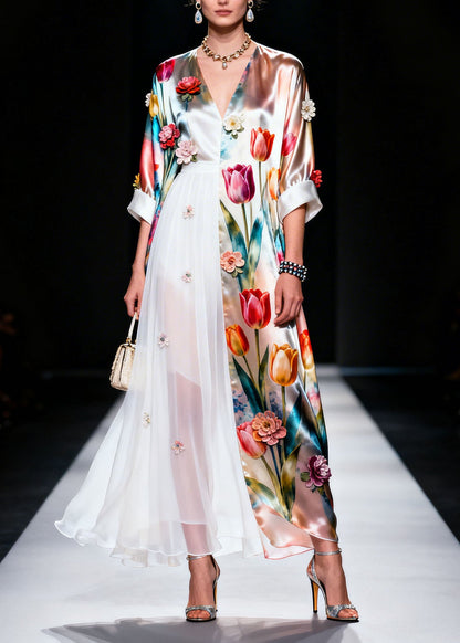 Plus Size V Neck Asymmetrical Design Floral Silk Dress Summer