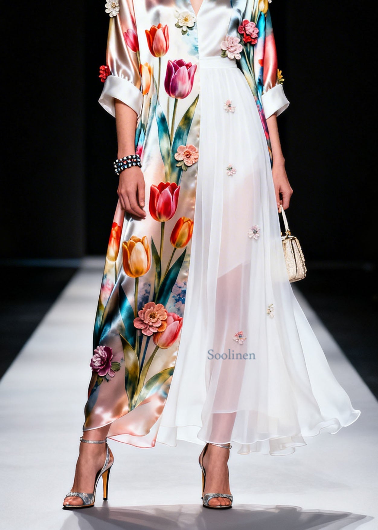 Plus Size V Neck Asymmetrical Design Floral Silk Dress Summer