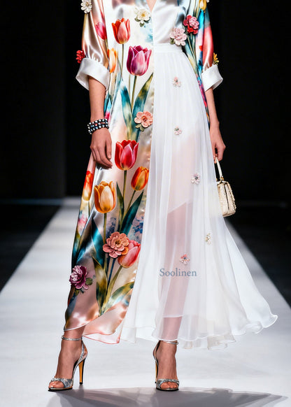 Plus Size V Neck Asymmetrical Design Floral Silk Dress Summer