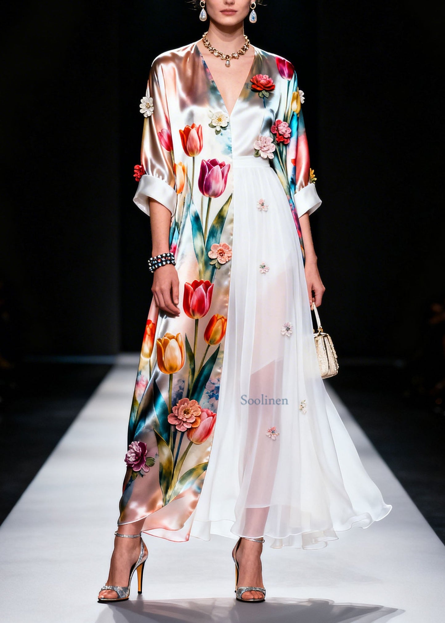 Plus Size V Neck Asymmetrical Design Floral Silk Dress Summer