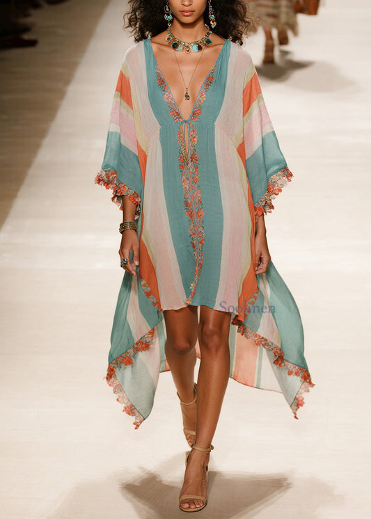 Plus Size V Neck Asymmetrical Patchwork Cotton Dress Summer