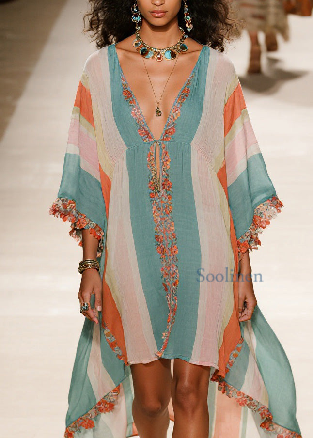 Plus Size V Neck Asymmetrical Patchwork Cotton Dress Summer