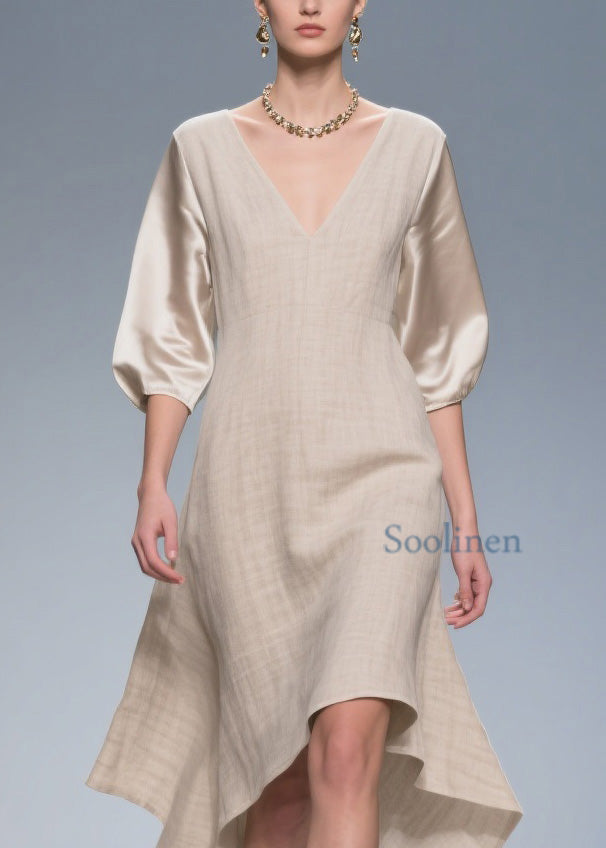 Plus Size V Neck Patchwork Linen Silk Dress Summer
