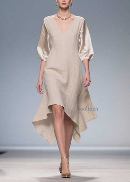 Plus Size V Neck Patchwork Linen Silk Dress Summer