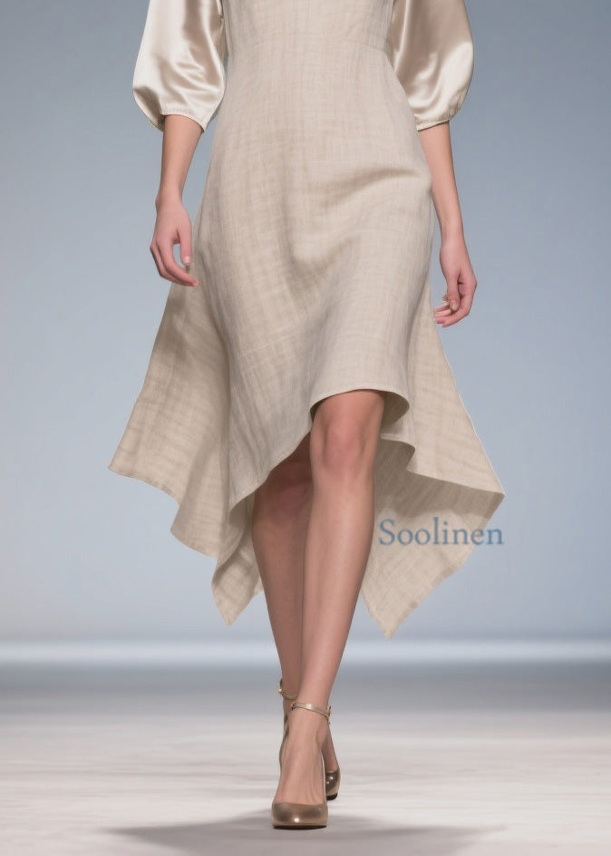 Plus Size V Neck Patchwork Linen Silk Dress Summer