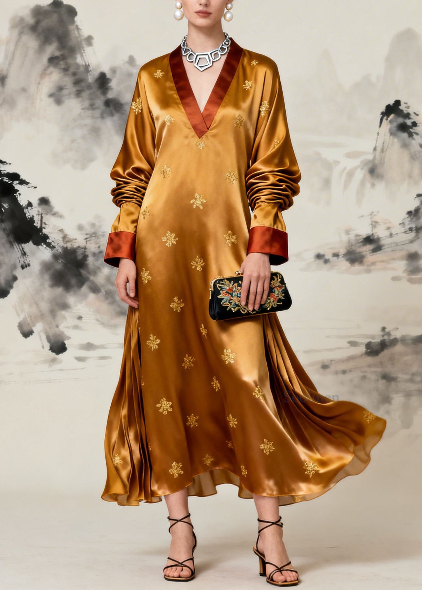 Plus Size V Neck Patchwork Silk Maxi Dresses Summer