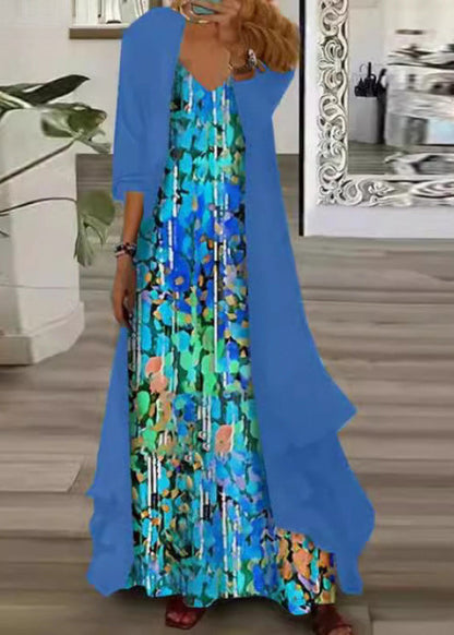 Plus Size V Neck Print Chiffon Two Pieces Set Summer