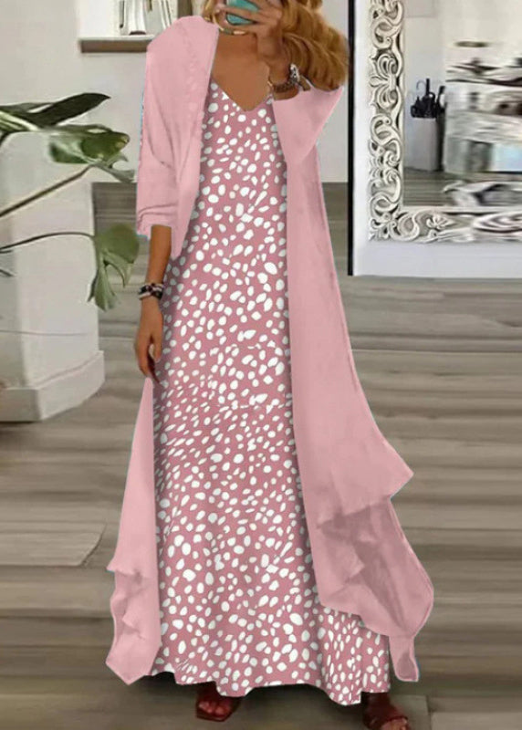 Plus Size V Neck Print Chiffon Two Pieces Set Summer