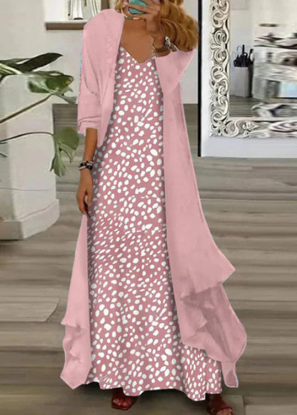 Plus Size V Neck Print Chiffon Two Pieces Set Summer