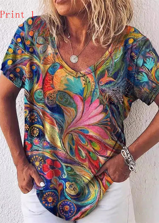 Plus Size V Neck Print Cotton T Shirt Top Summer