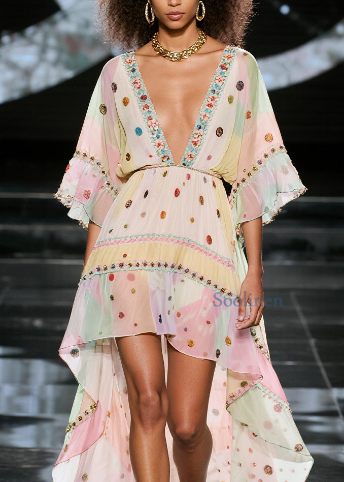 Plus Size V Neck Print Low High Design Chiffon Dresses Summer