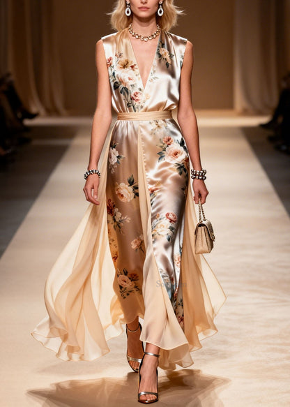 Plus Size V Neck Print Patchwork Chiffon Dress Sleeveless