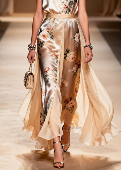 Plus Size V Neck Print Patchwork Chiffon Dress Sleeveless
