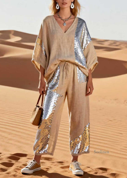 Plus Size V Neck Sequins Patchwork Linen Two Piece Set Spring