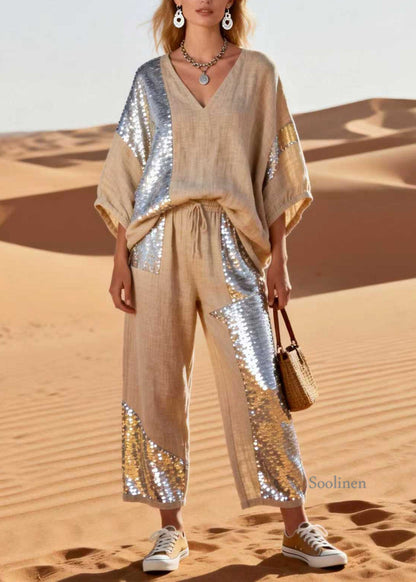 Plus Size V Neck Sequins Patchwork Linen Two Piece Set Spring