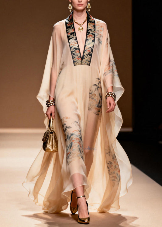 Plus Size Vintage V Neck Print Chiffon Dresses Summer