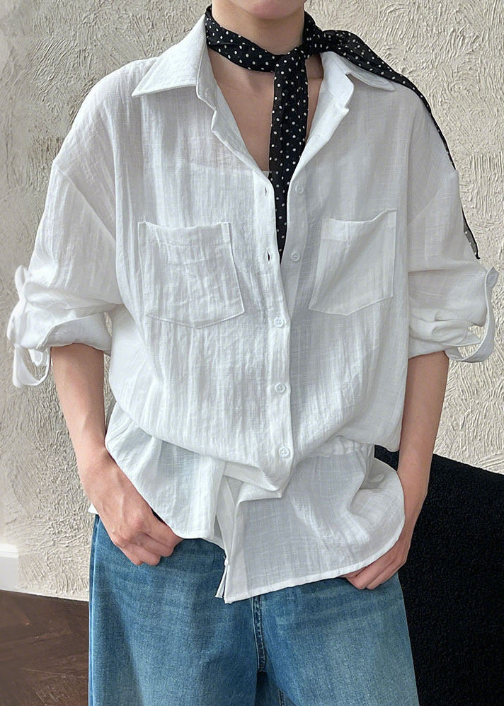 Plus Size White Cinched Cotton UPF 50+ Blouses Spring