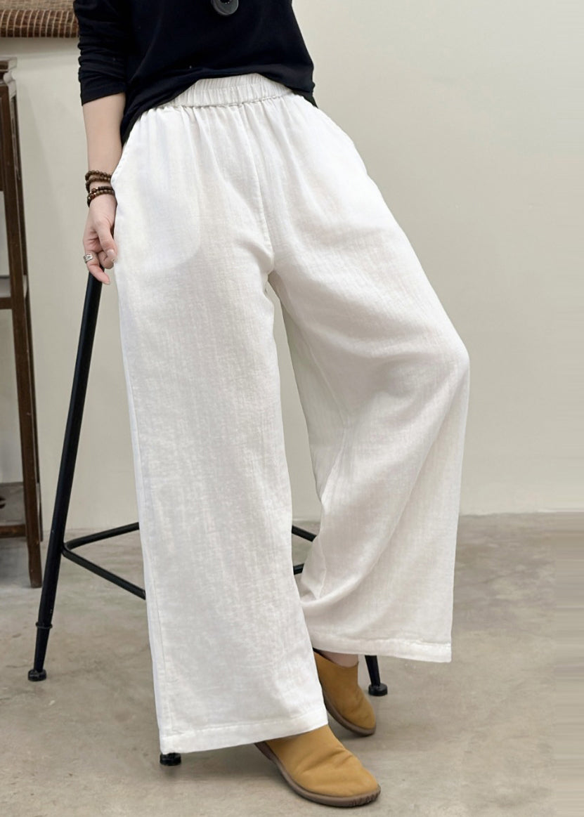 Plus Size White Elastic Waist Linen Straight Pants Summer
