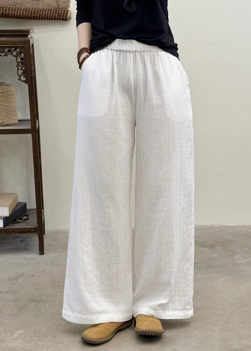 Plus Size White Elastic Waist Linen Straight Pants Summer