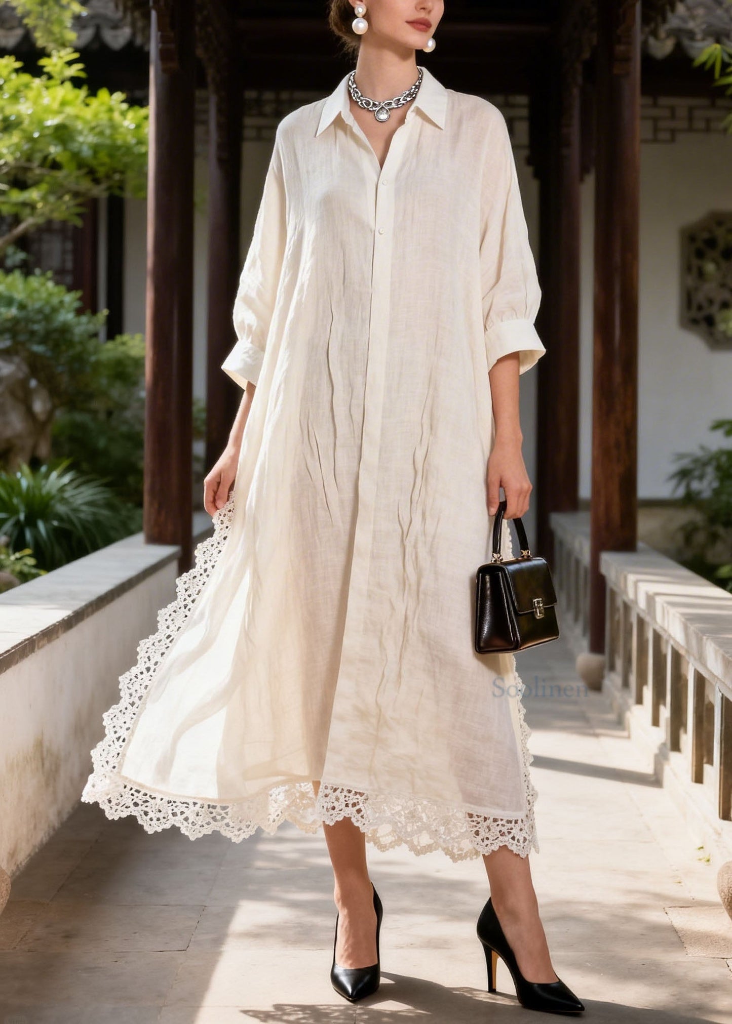 Plus Size White Peter Pan Collar Lace Patchwork Cotton Dress Summer