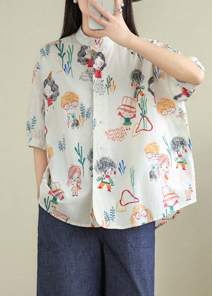 Plus Size White Print Button Shirts Summer