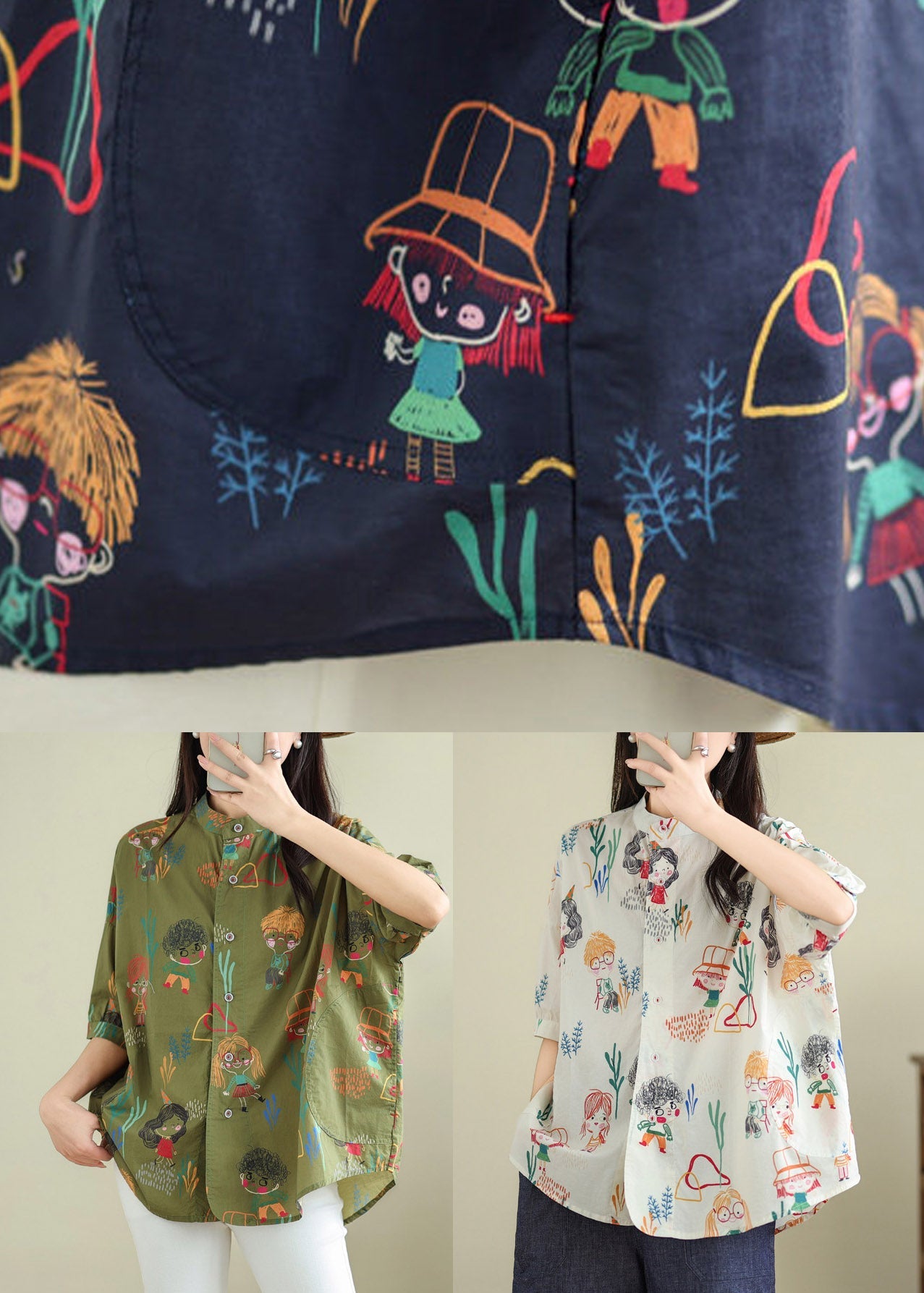 Plus Size White Print Button Shirts Summer