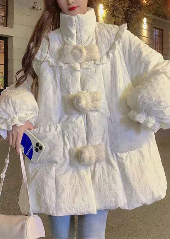 Plus Size White Ruffled Pockets Patchwork Fine Cotton Filled Coats Winter
