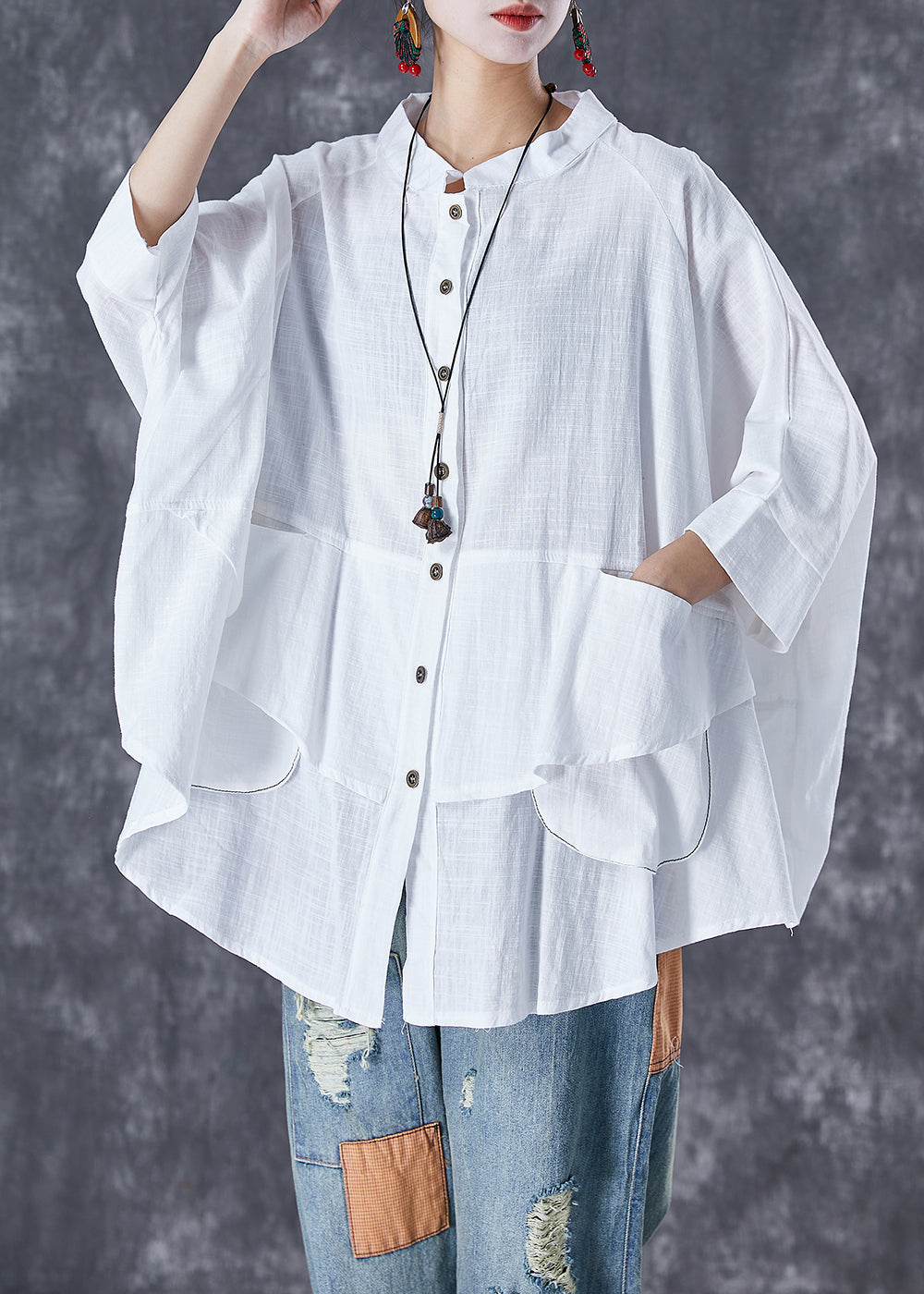 Plus Size Print1 Stand Collar Patchwork Linen Shirt Tops Batwing Sleeve