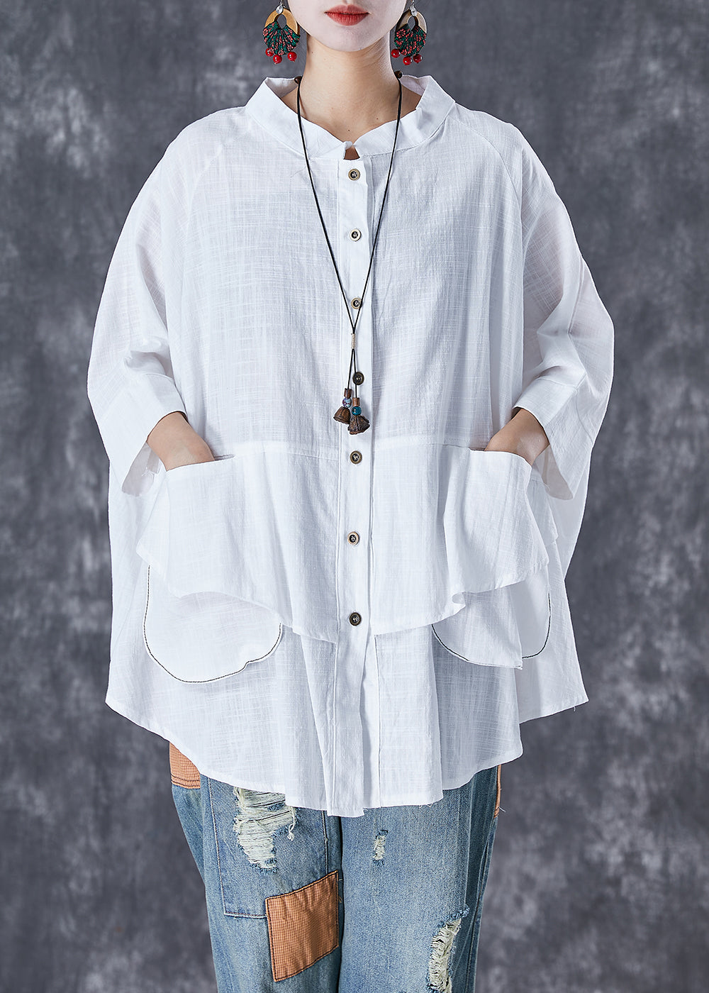 Plus Size Print3 Stand Collar Patchwork Linen Shirt Tops Batwing Sleeve