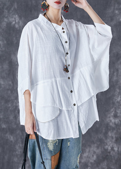 Plus Size Print3 Stand Collar Patchwork Linen Shirt Tops Batwing Sleeve