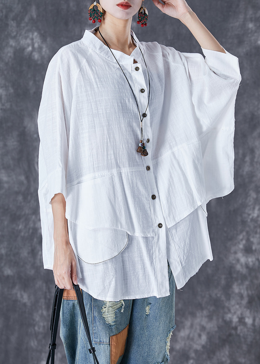 Plus Size Print4 Stand Collar Patchwork Linen Shirt Tops Batwing Sleeve