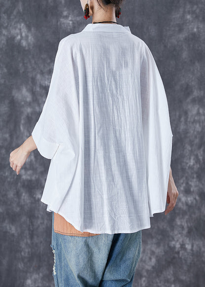 Plus Size Print2 Stand Collar Patchwork Linen Shirt Tops Batwing Sleeve