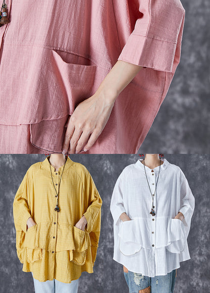 Plus Size Print3 Stand Collar Patchwork Linen Shirt Tops Batwing Sleeve