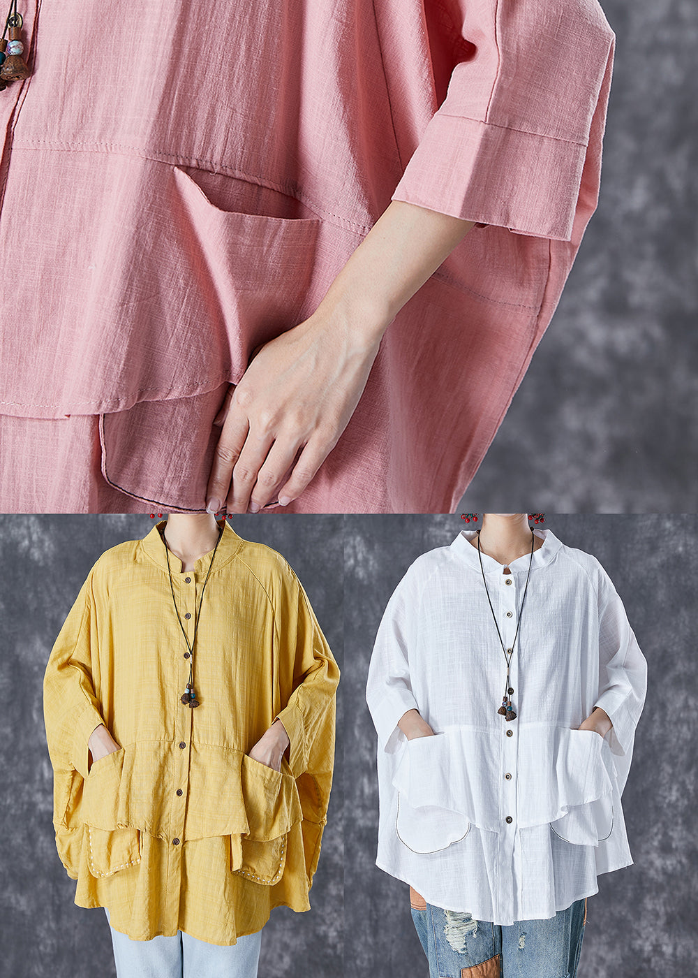 Plus Size Print7 Stand Collar Patchwork Linen Shirt Tops Batwing Sleeve