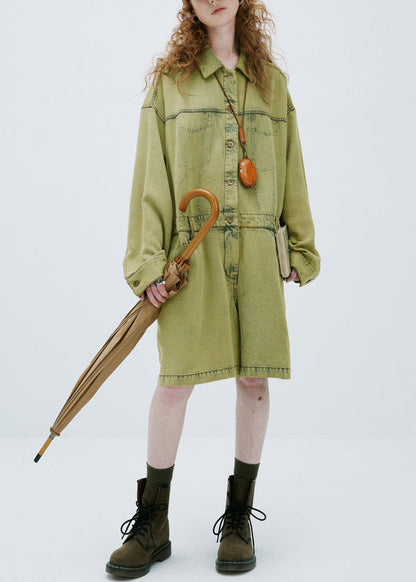 Plus Size Yellow Green Peter Pan Collar Denim Jumpsuit Long Sleeve