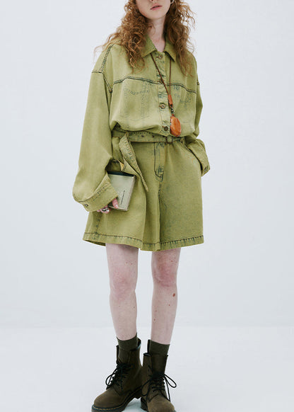 Plus Size Yellow Green Peter Pan Collar Denim Jumpsuit Long Sleeve