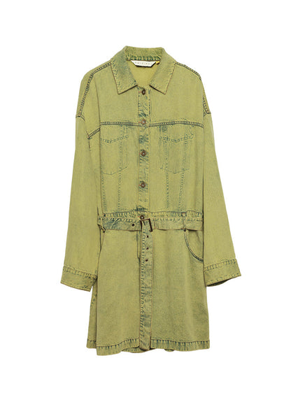 Plus Size Yellow Green Peter Pan Collar Denim Jumpsuit Long Sleeve