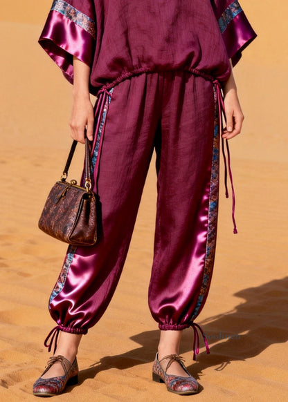 Purple Drawstring Patchwork Silk Linen Two Piece Set O Neck Bracelet Sleeve
