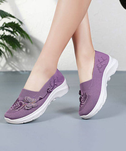 Purple Embroidered Breathable Mesh Flat Shoes For Women
