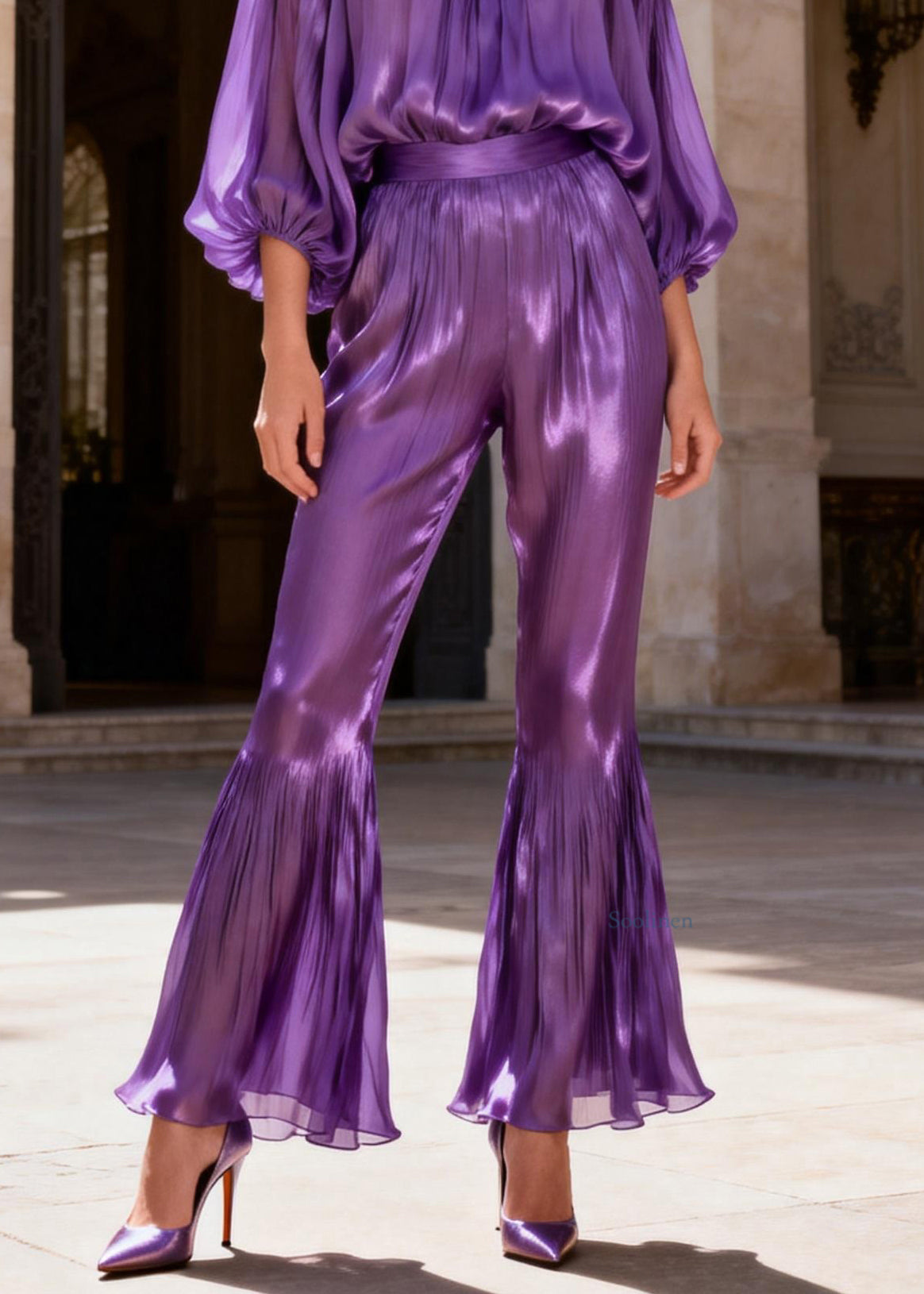 Purple High Waist Solid Silk Two Pieces Set Ruffled Lantern Sleeve
