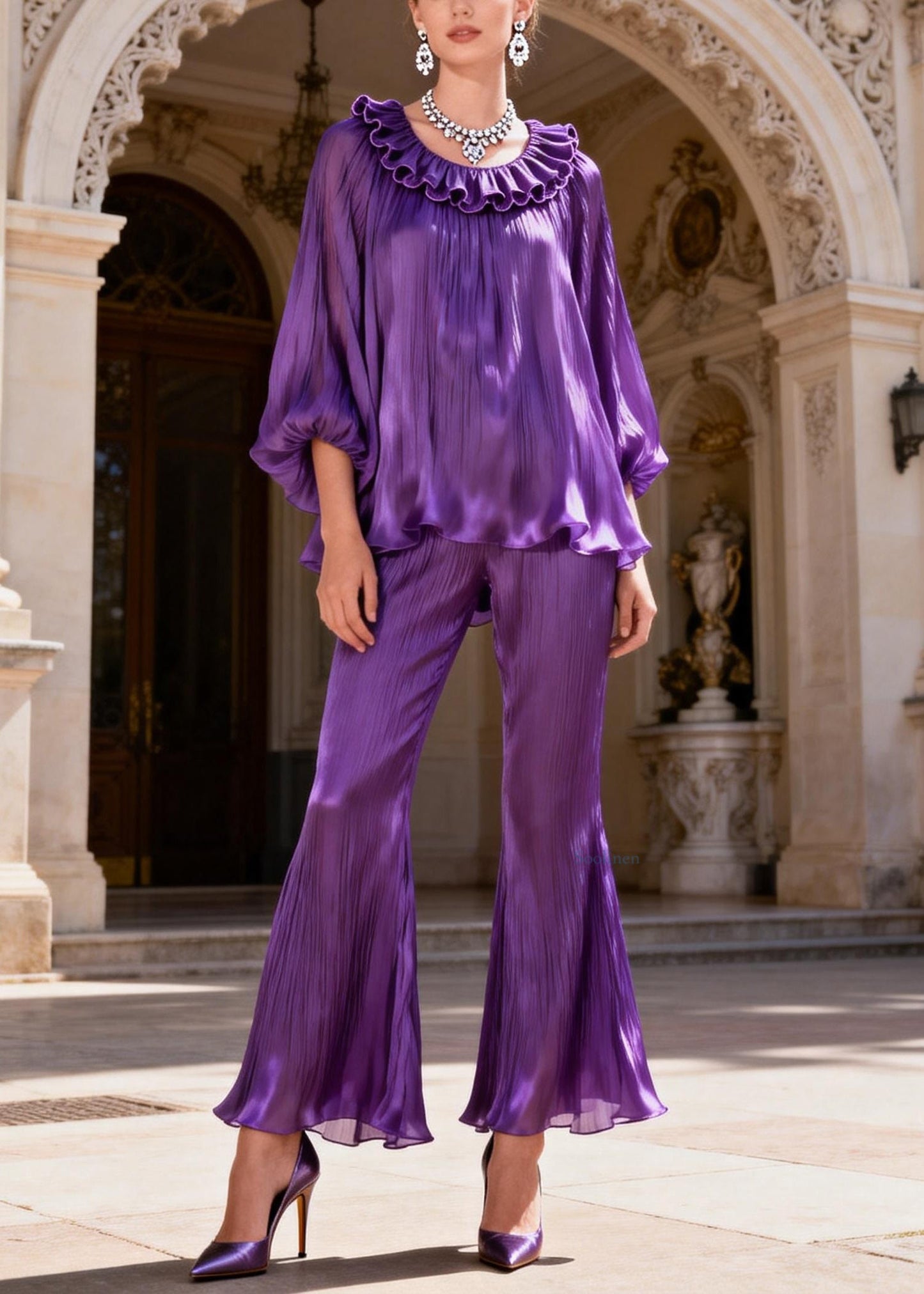 Purple High Waist Tops And Bell Bottom Trousers Silk Two Piece Set Ruffled Lantern Sleeve