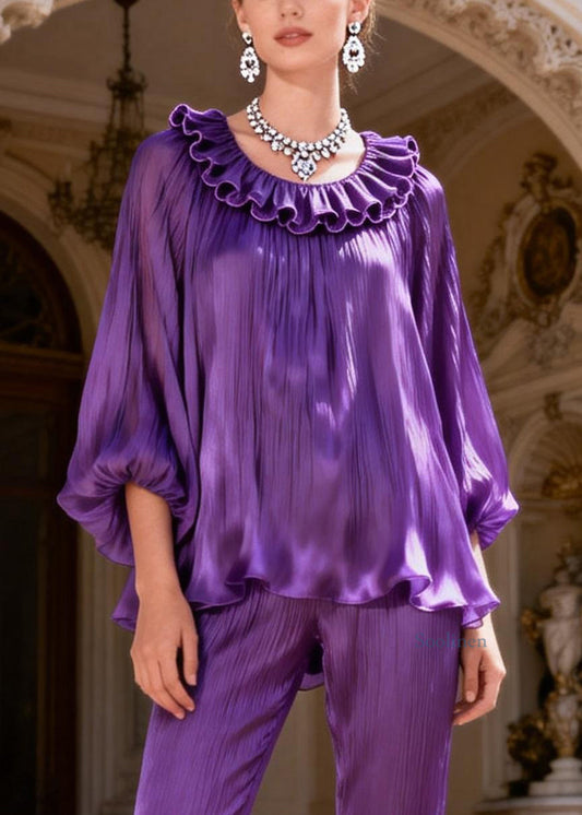 Purple High Waist Tops And Bell Bottom Trousers Silk Two Piece Set Ruffled Lantern Sleeve