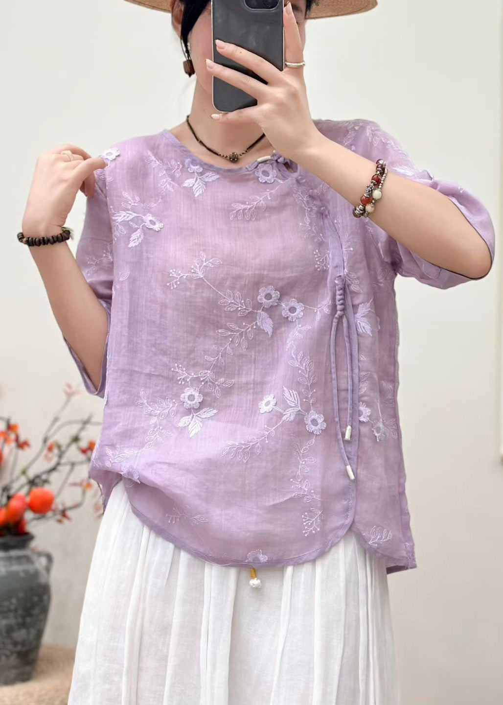 Purple Linen Oriental Tops Embroidered Tasseled Half Sleeve