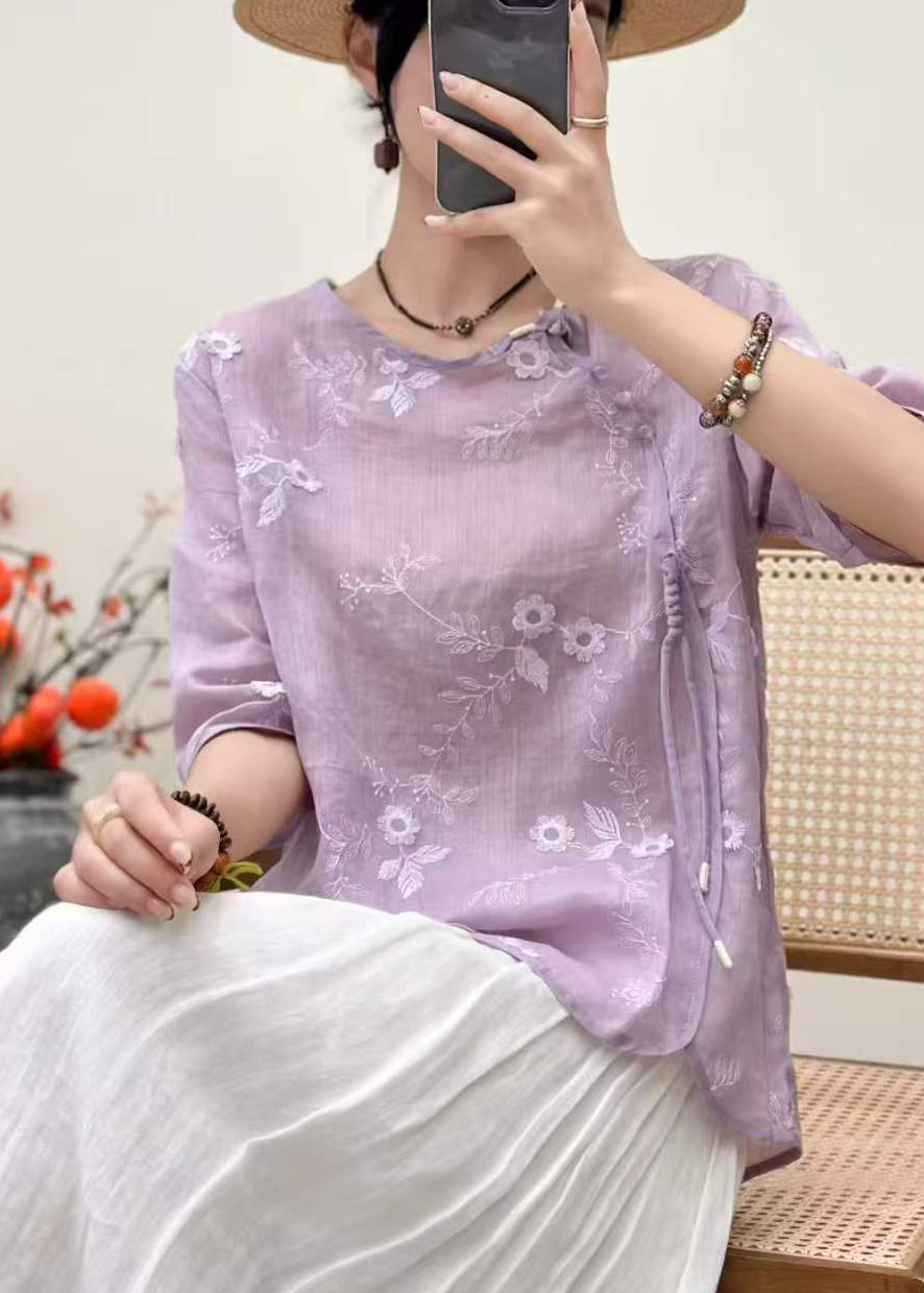 Purple Linen Oriental Tops Embroidered Tasseled Half Sleeve