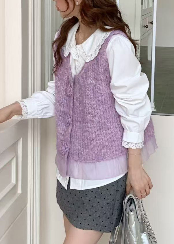 Purple Patchwork Knit Vests V Neck Floral Decorated Spring