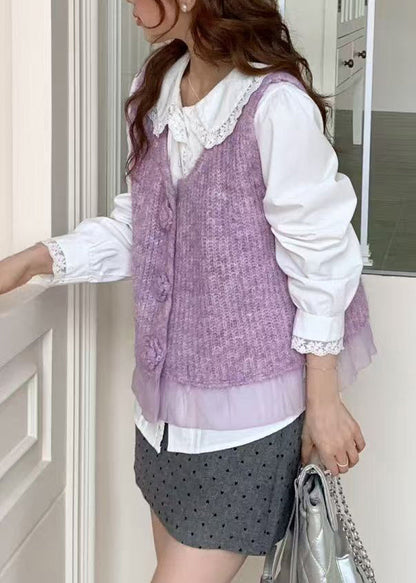 Purple Patchwork Knit Vests V Neck Floral Decorated Spring