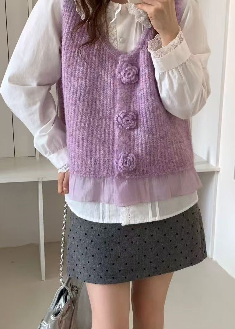 Purple Patchwork Knit Vests V Neck Floral Decorated Spring
