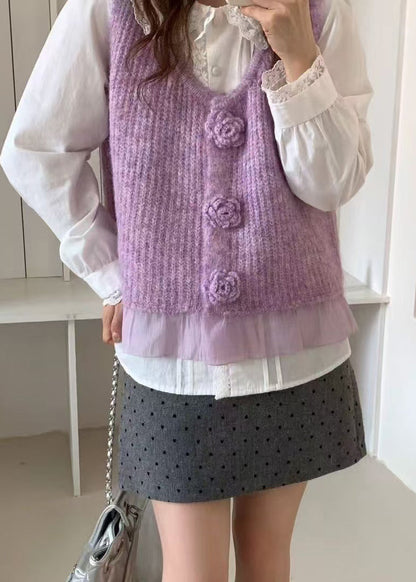 Purple Patchwork Knit Vests V Neck Floral Decorated Spring