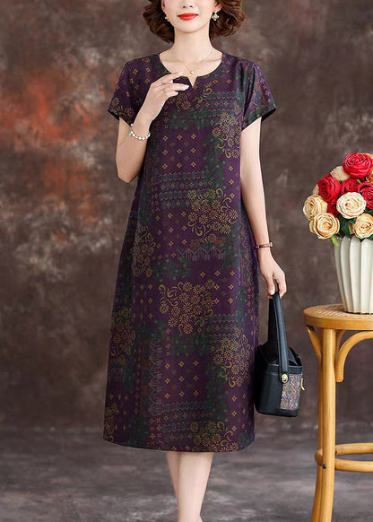 Purple Patchwork Silk Long Dresses Short Sleeve