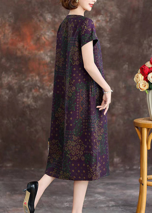 Purple Patchwork Silk Long Dresses Short Sleeve
